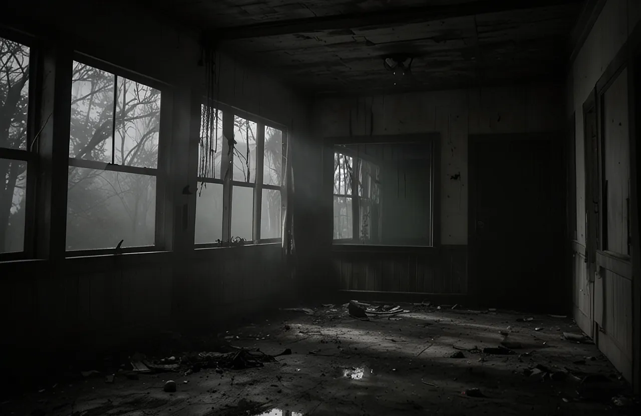 a dark room with a lot of windows