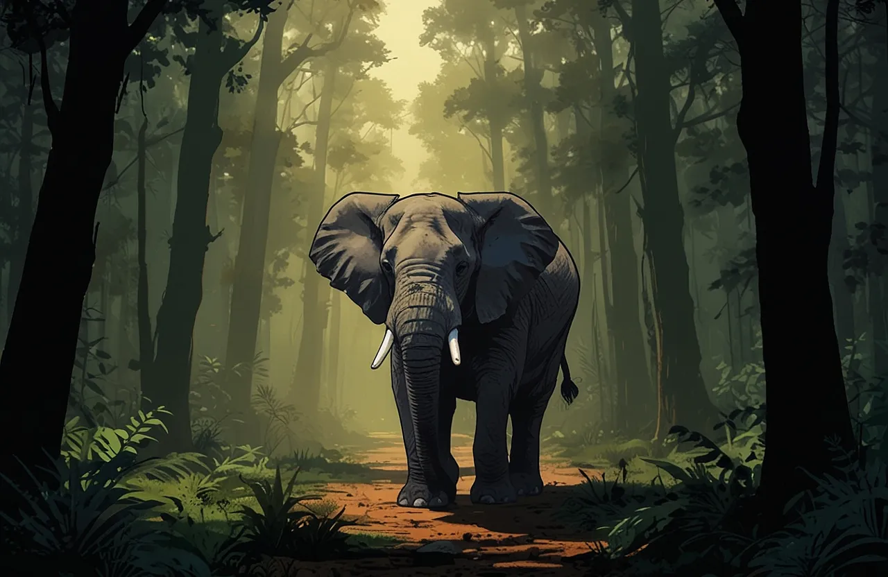 an elephant standing in the middle of a forest