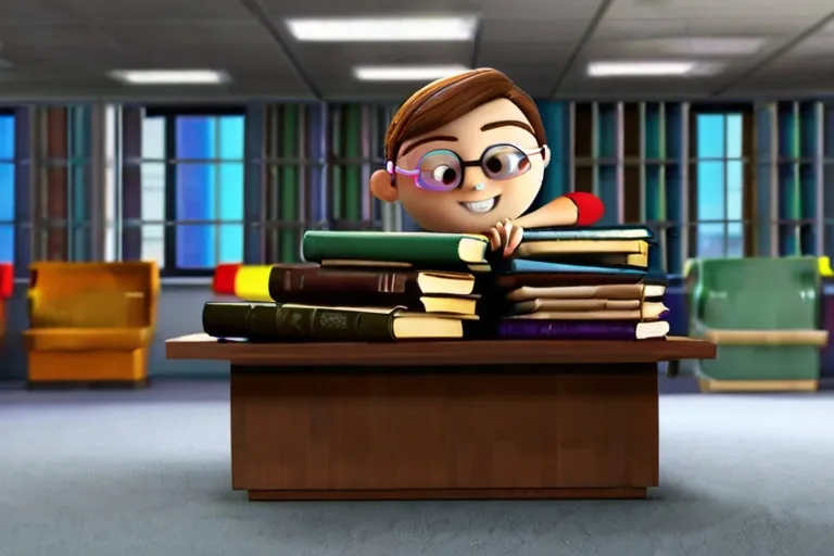 a cartoon character sitting at a desk with a stack of books