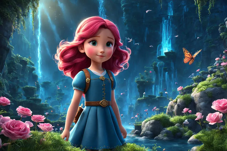 a little girl in a blue dress, found herself in a magical world full of amazing things.