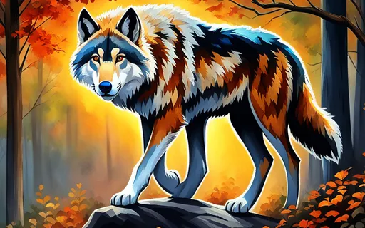 a painting of a wolf standing on a rock