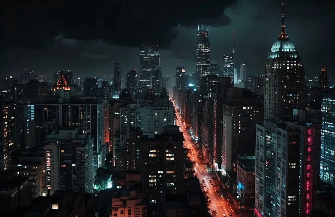 a view of a city at night from the top of a building