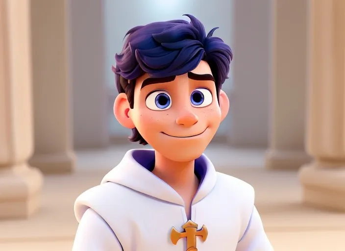 a cartoon character with a cross on his chest, smiling with teeth, blinking