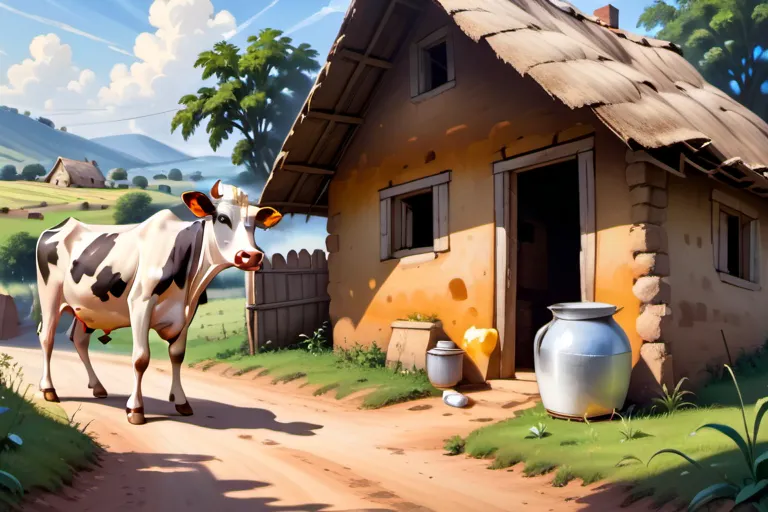 a painting of a cow standing in front of a house