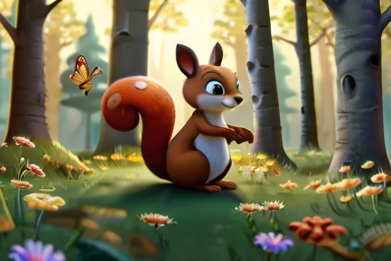 a squirrel in a forest with a butterfly