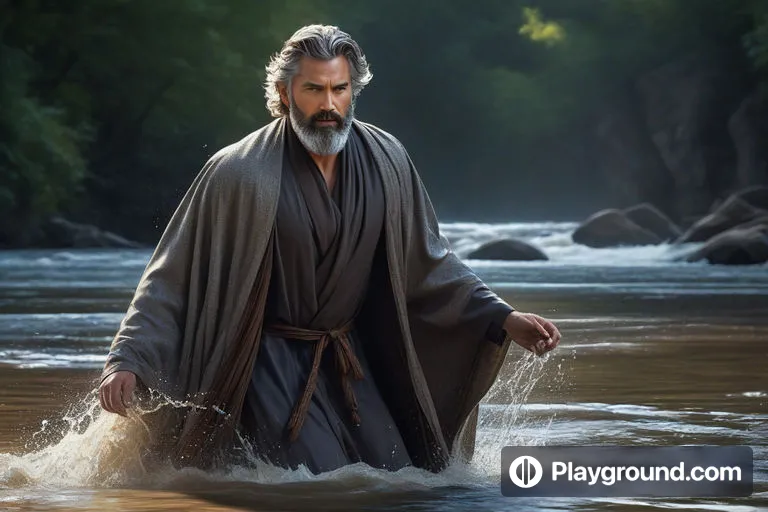 a man in a robe is wading through a river