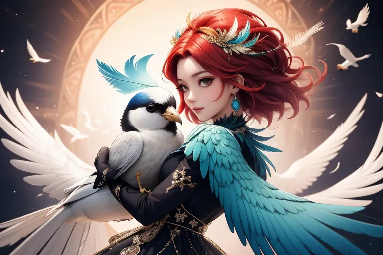 a woman with red hair holding a bird