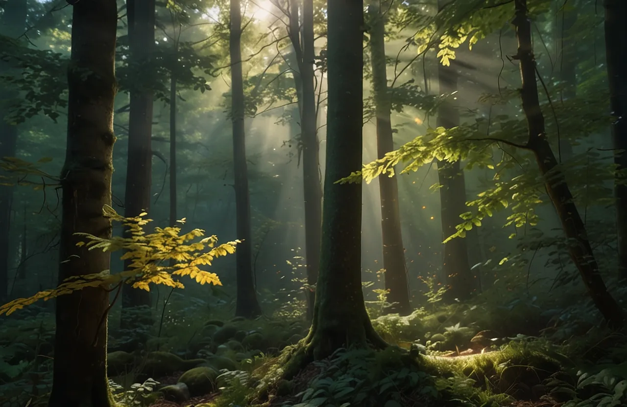 colorful, animated forest with birds chirping and sunlight streaming through the trees