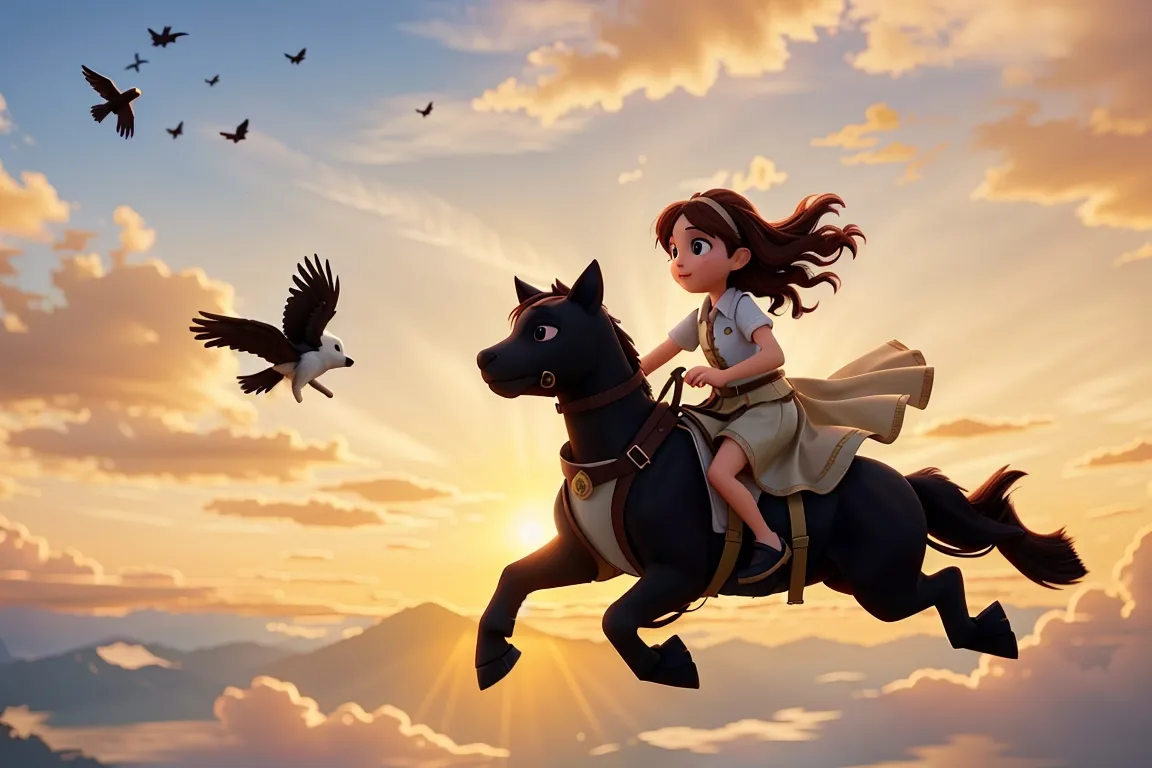 Aria and Ollie soaring through the sky, their silhouettes illuminated by the setting sun, as they embark on their next adventure together.