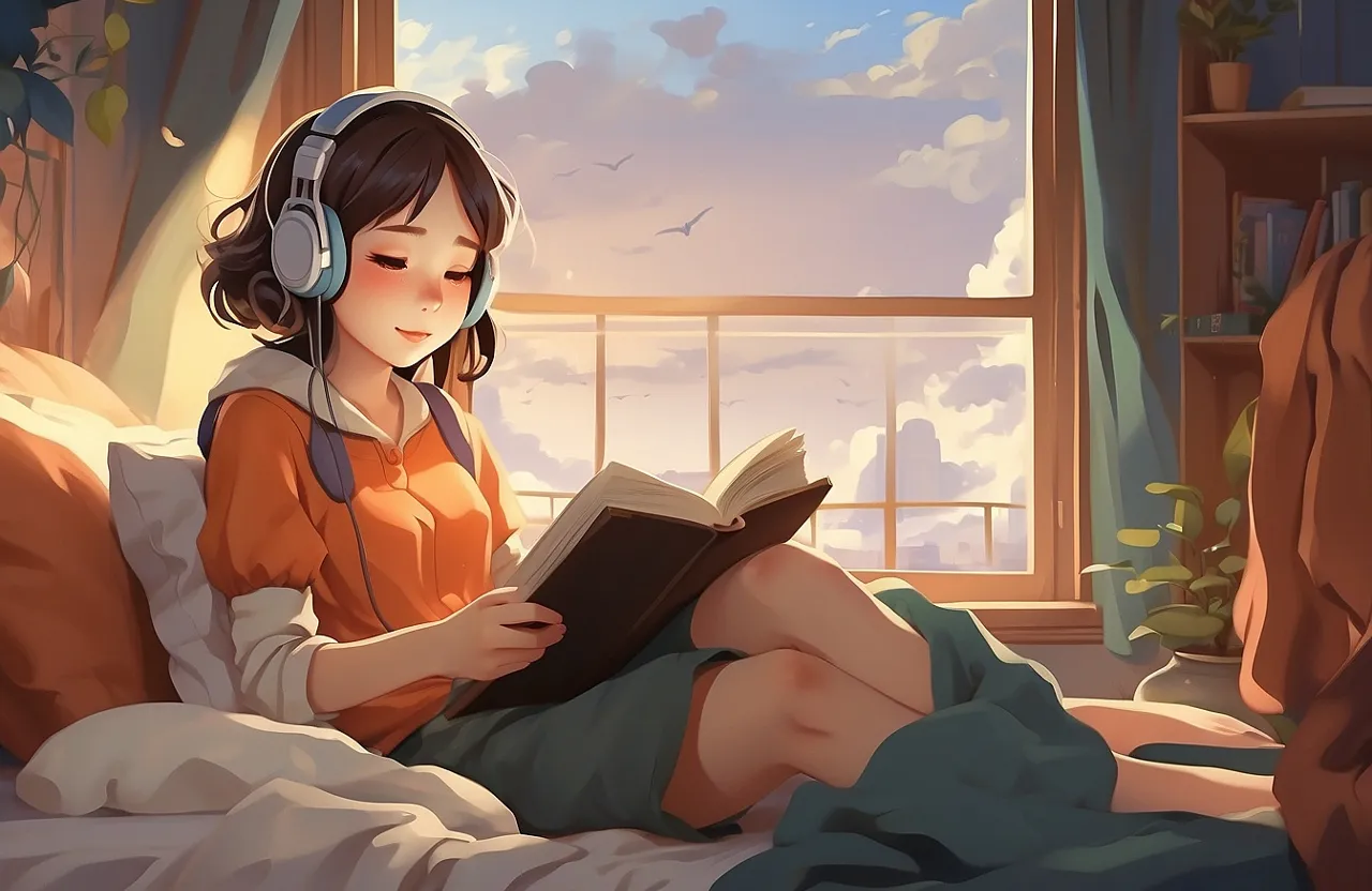 A girl reading on the bed, wearing headphones, looking cozy, in a studio Ghibli-Style