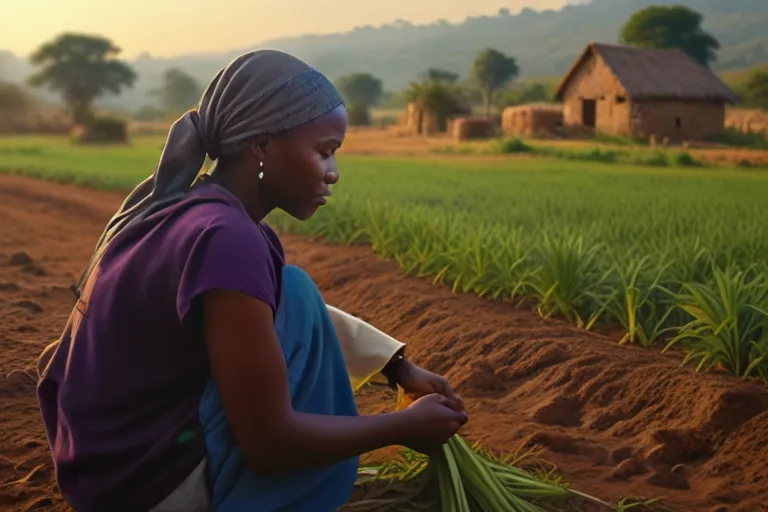 a woman sitting in a field of crops