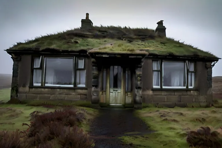 a house with a green roof and grass on top of it