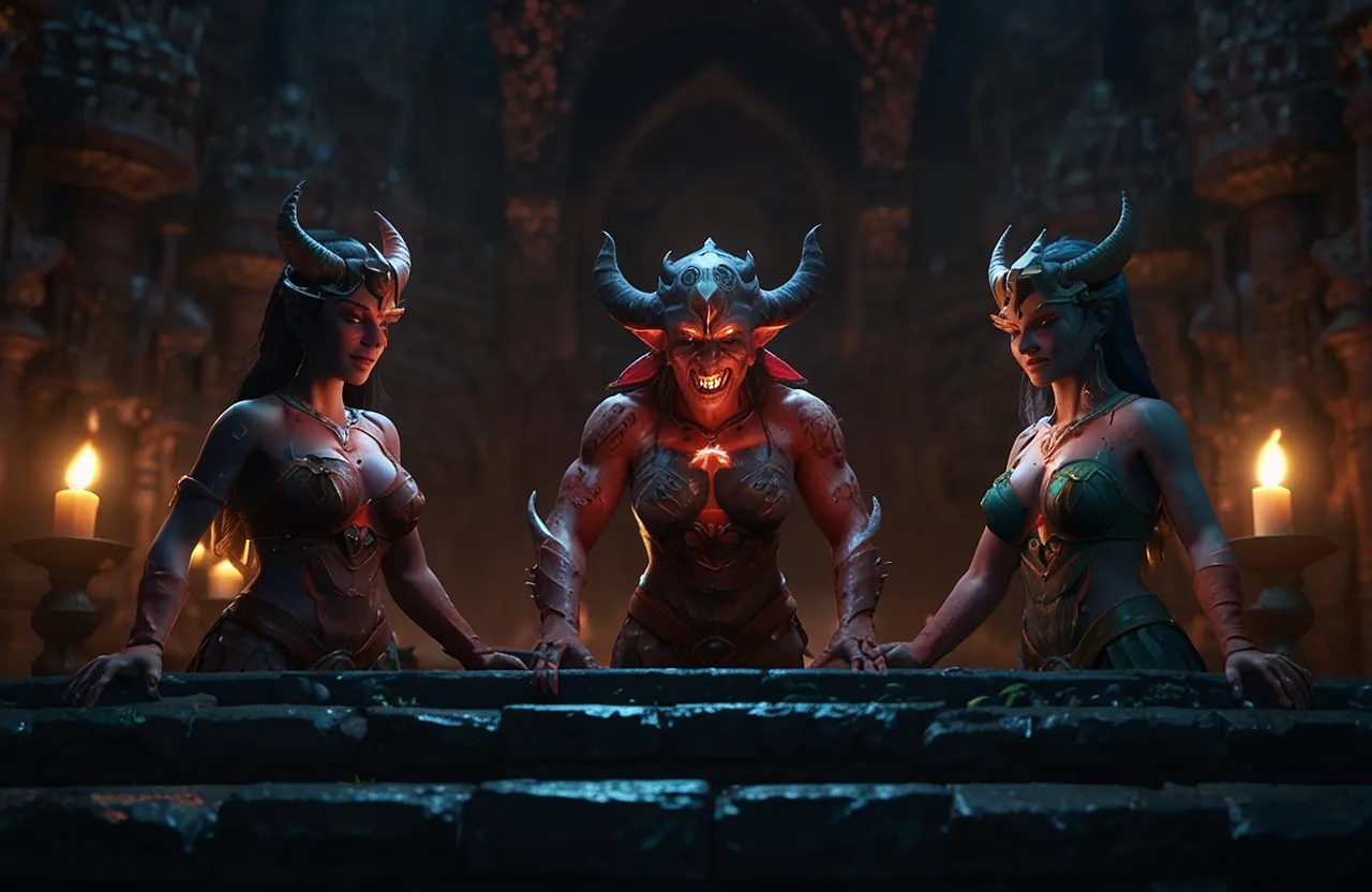 In the depths of the underworld, three devils reigned supreme. Pratyusha, Sadhika, and Bhargavi, their beauty unmatched, their hearts filled with darkness.