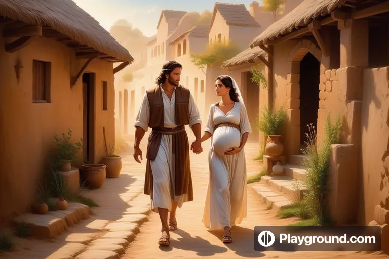 a painting of a man and woman walking through a village