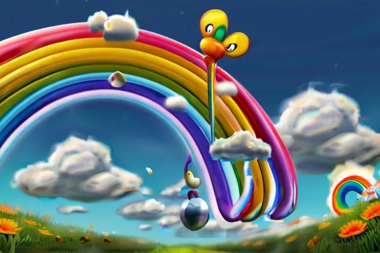 a rainbow with a duck floating in the sky