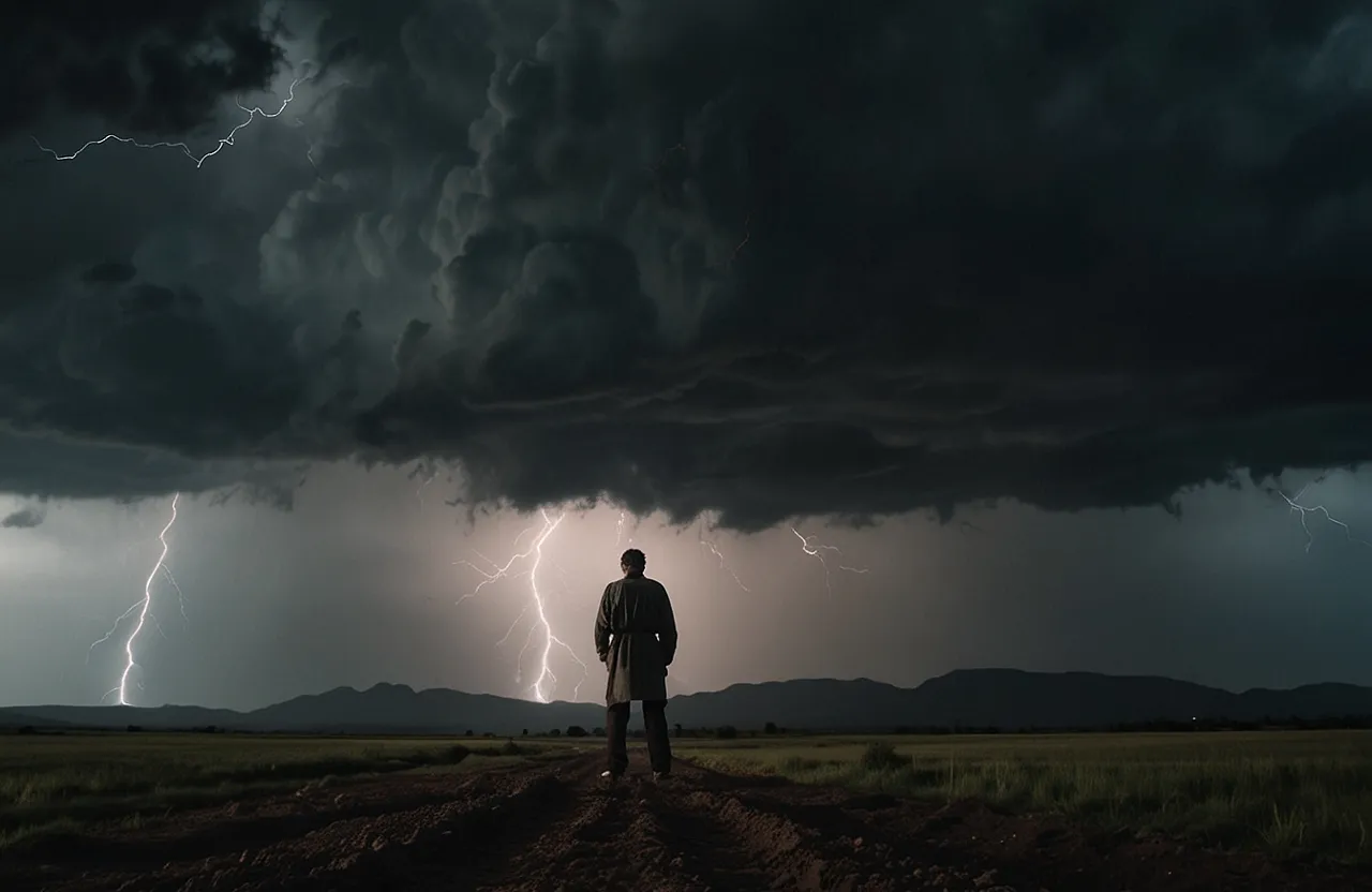 a man standing on a dirt road under a storm