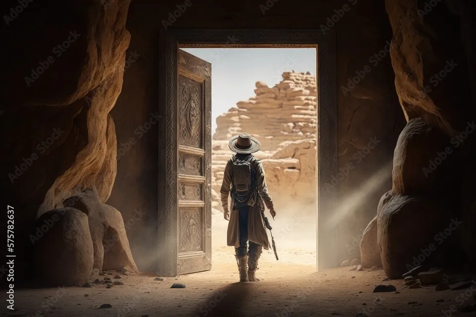 a man standing in a doorway in a desert