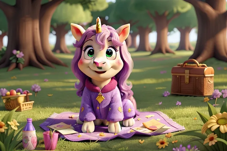 Sparkle the Unicorn spreading out a picnic blanket adorned with flowers in a sunny forest clearing.