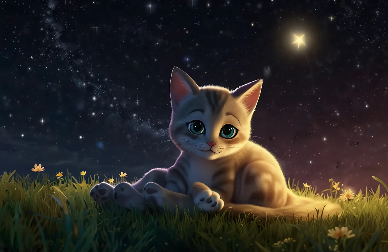 a cat sitting in the grass with a star in the background