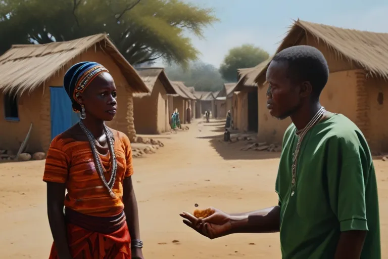 a man standing next to a woman in a village