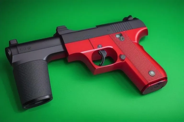 a red and black gun on a green background