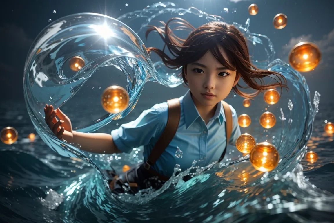 a girl in the water surrounded by bubbles