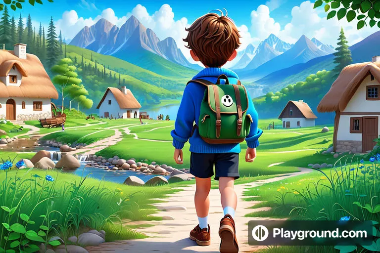 a boy with a backpack walking down a path to a village