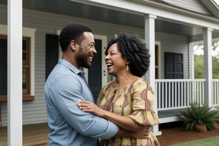 a man and woman standing in front of a house