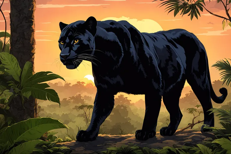 a black panther standing in the jungle at sunset