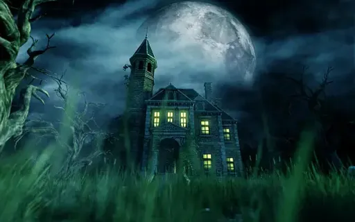 An ominous house half-hidden behind a foggy veil, with the moonlight providing a ghostly glow to the vines