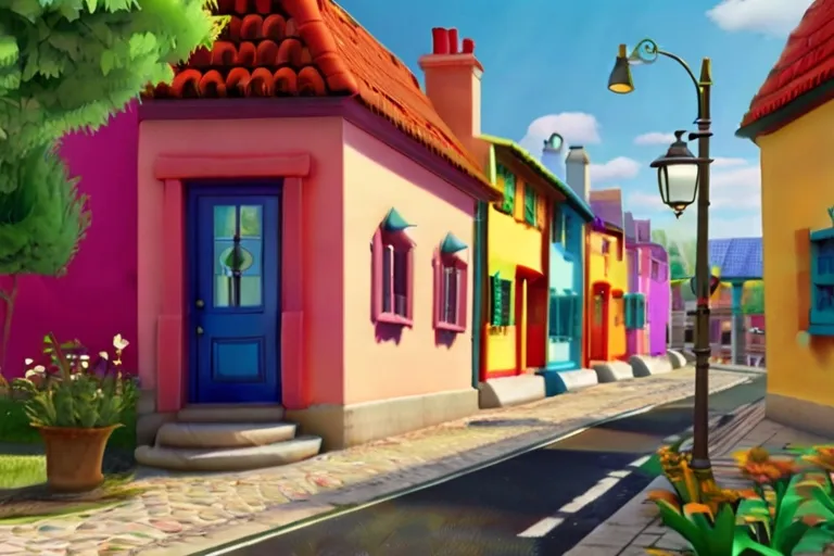 a painting of a city street with colorful buildings