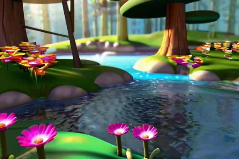 a painting of a pond with flowers in it The magical forest, with towering trees, colorful flowers, and a sparkling stream.