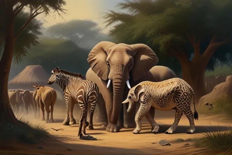 a painting of a group of zebras and an elephant