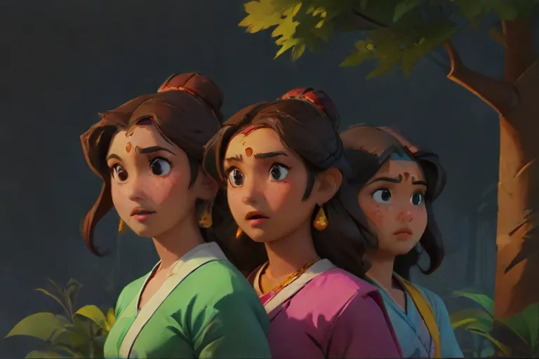 Pratyusha, Sadhika, and Bhargavi watch warily from a distance as the Wanderer approaches, their expressions a mixture of curiosity and apprehension, sensing the impending shift in the balance of power.