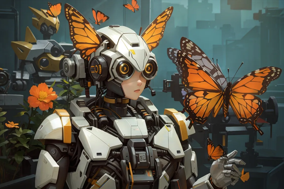 a robot with a butterfly on its head