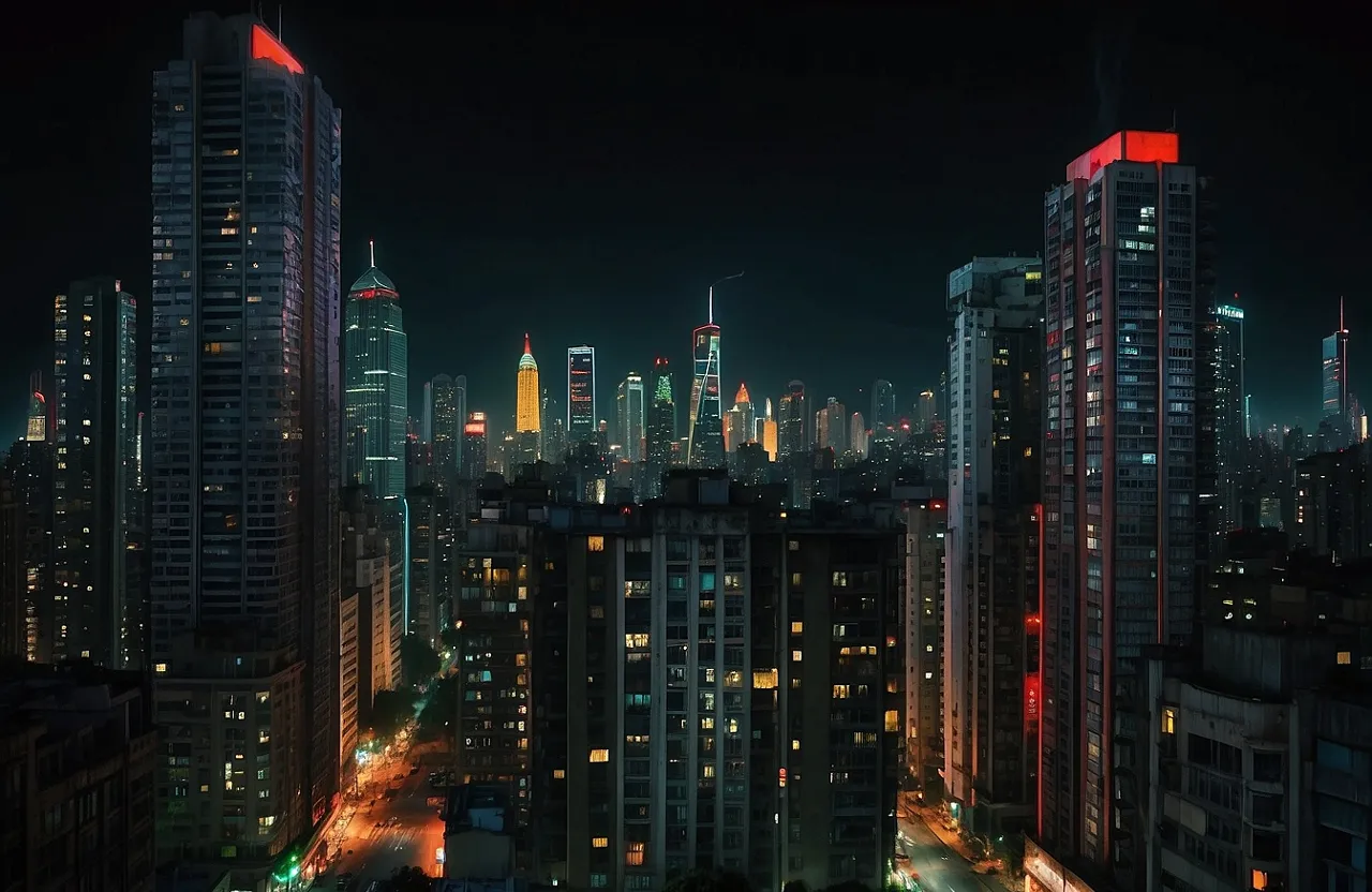 a city at night with a lot of tall buildings