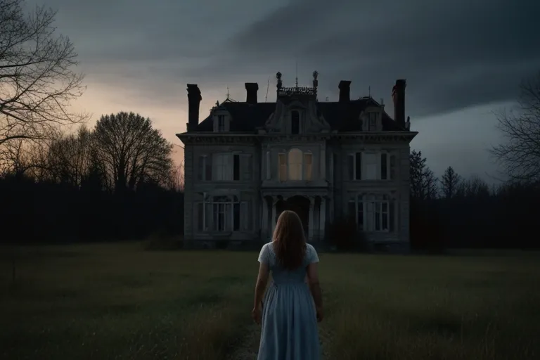 "As dusk falls, Emily, a curious and adventurous young woman, approaches an old, abandoned mansion. The mansion stands silent and foreboding, its ornate facade hinting at mysteries hidden within."