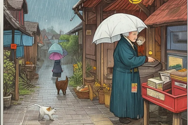 a painting of a man with an umbrella and a cat at raining 