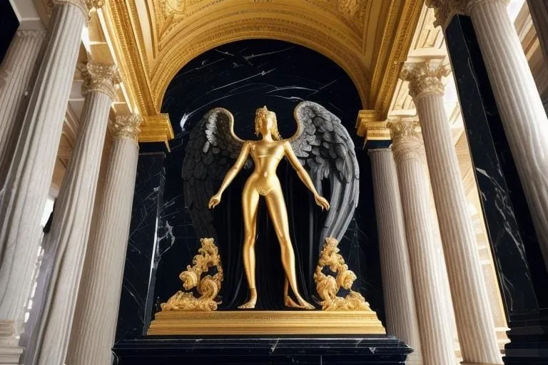 a golden statue of an angel surrounded by columns