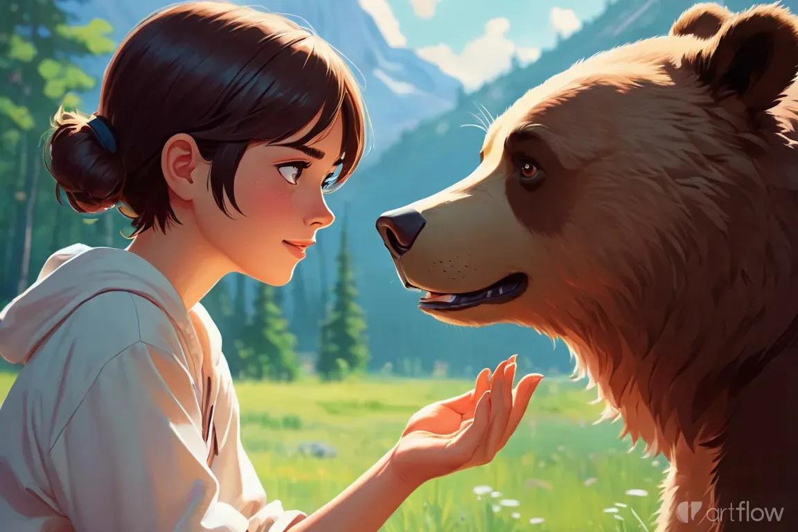 a young girl is touching a bear's face