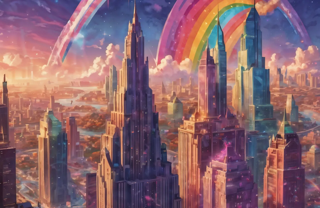 a painting of a city with a rainbow in the sky