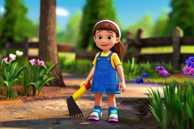 a little girl is standing in the dirt with a shovel