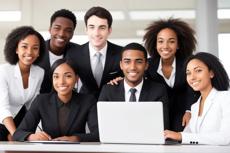 a group of happy people in business attire talking together