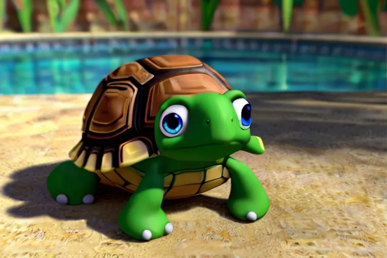 a cartoon turtle sitting on the ground next to a pool "Toby, the Turtle, is the wise one of the group. His slow and steady pace teaches his friends the value of patience and thoughtfulness."