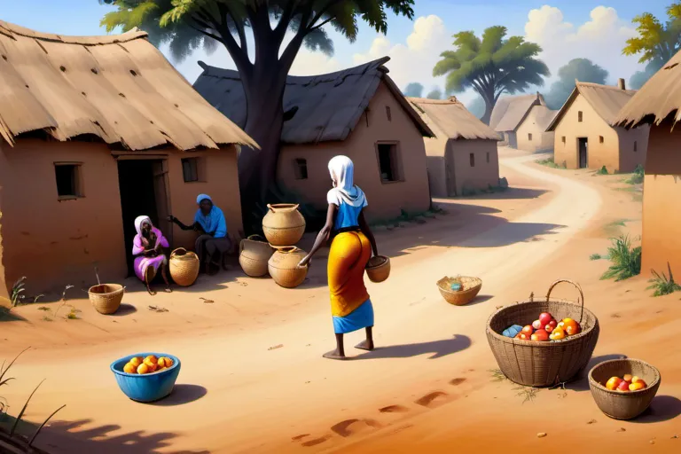 a painting of a woman carrying a basket of fruit