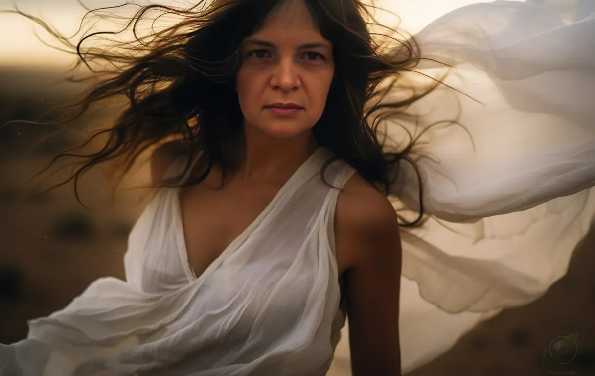 a woman in a white dress with her hair blowing in the wind