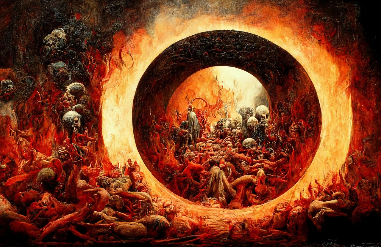 a painting of a group of people surrounded by fire