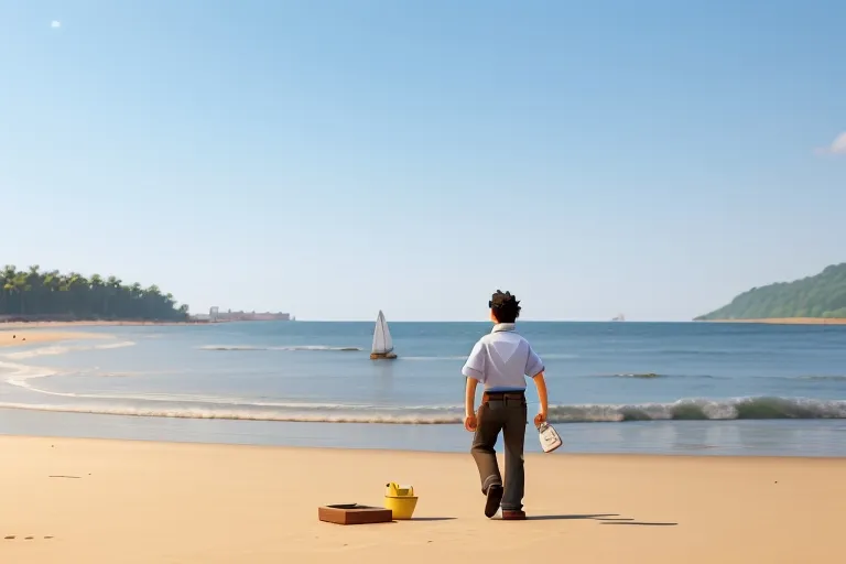 a man standing on a beach next to a bucket of sand, walking