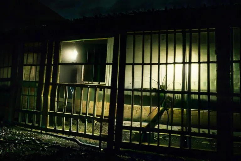 a jail cell at night with the lights on