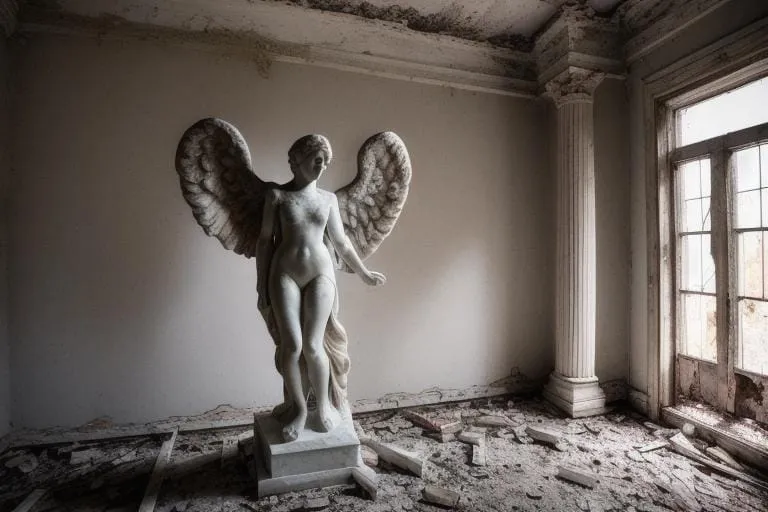 a statue of an angel standing in a room